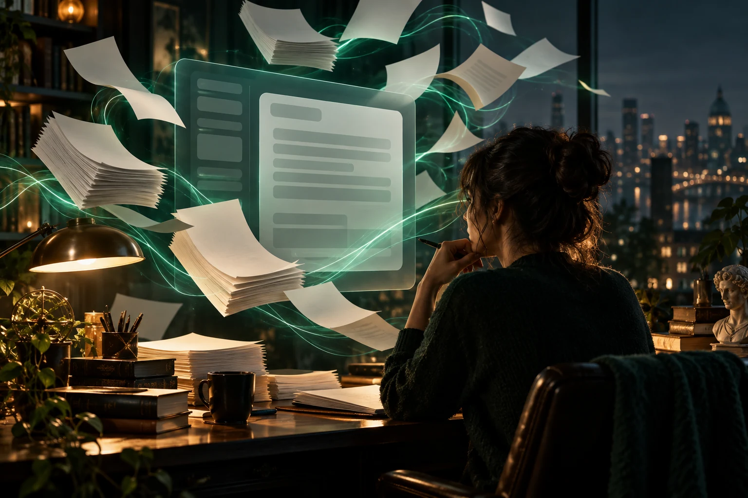 A focused Claude user working through long documents in a city office
